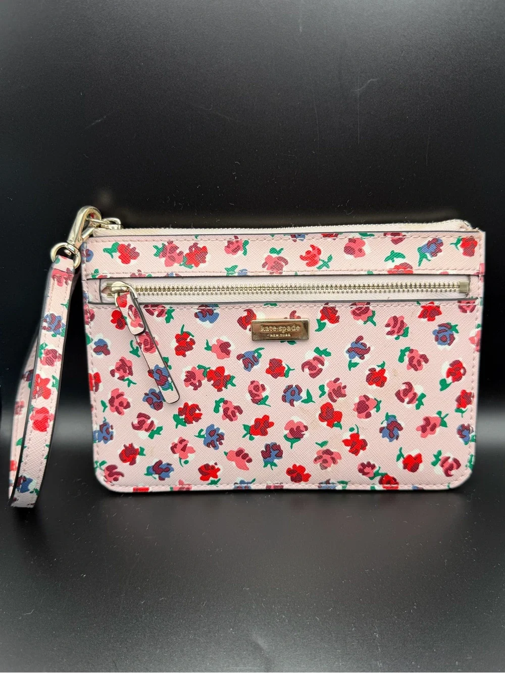 kate spade Pink Floral Zip Wristlet with Red and Blue Accents